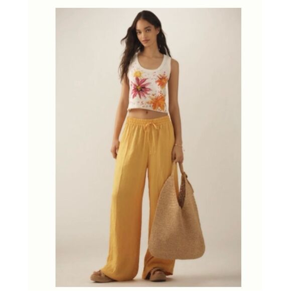 Anthropologie Textured Satin Pull On Pants Golden Yellow Size Large - Picture 1 of 5